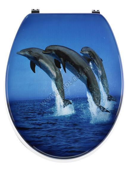 Сиденье для унитаза синее с микролифтом крышки фотодекор Три Дельфина