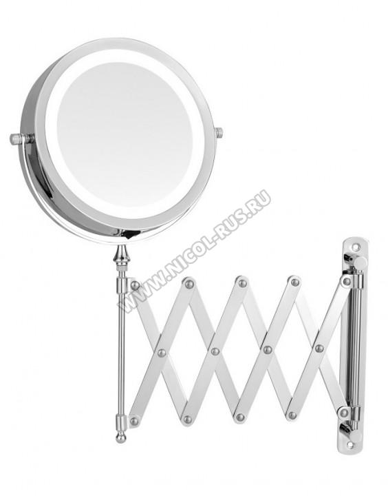 Зеркало косметическое двухстороннее с LED подсветкой от батареек и пятикратным увеличением настенное гармошка